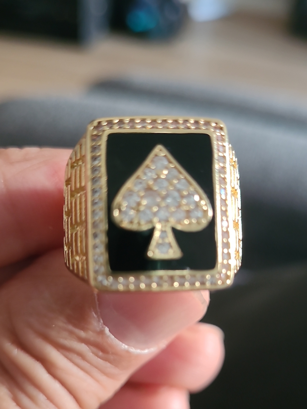 Gold Tone Black Enamel Spade Signet Ring